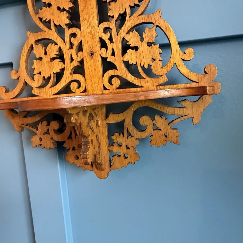 Vintage Hand Carved Wood Wall Shelf Ornate Scrollwork Cottagecore Cross
